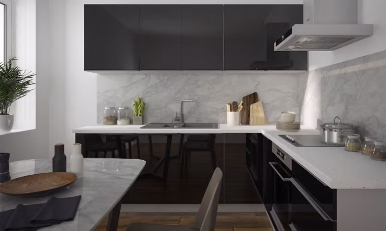 Mobile cucina a L ESSEN cucina componibile 230x210cm grigio frontale nero lucido