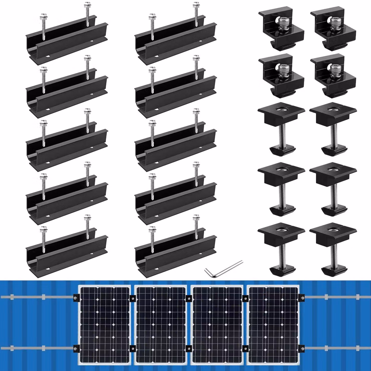 Kit di montaggio solare, alluminio, per 4 pannelli, con 10 guide e relativi accessori di fissaggio