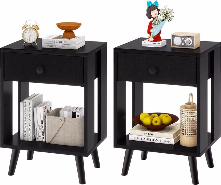 YMYNY Comodino set di 2 cassetti in tessuto nero in legno massiccio moderno