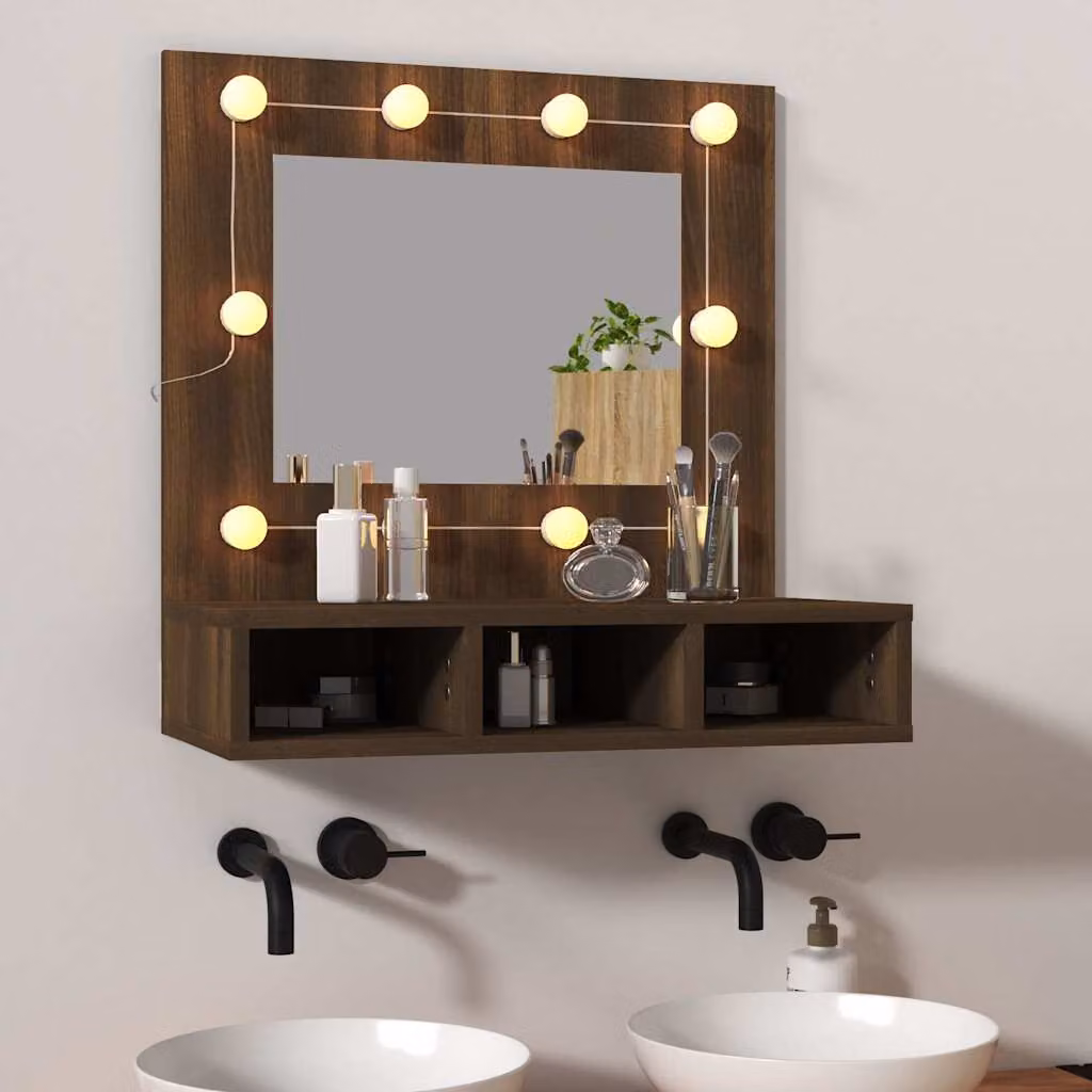Mobile da bagno con specchio e illuminazione LED vidaXL in rovere marrone L: 60 cm, P: 31,5 cm, H: 62 cm