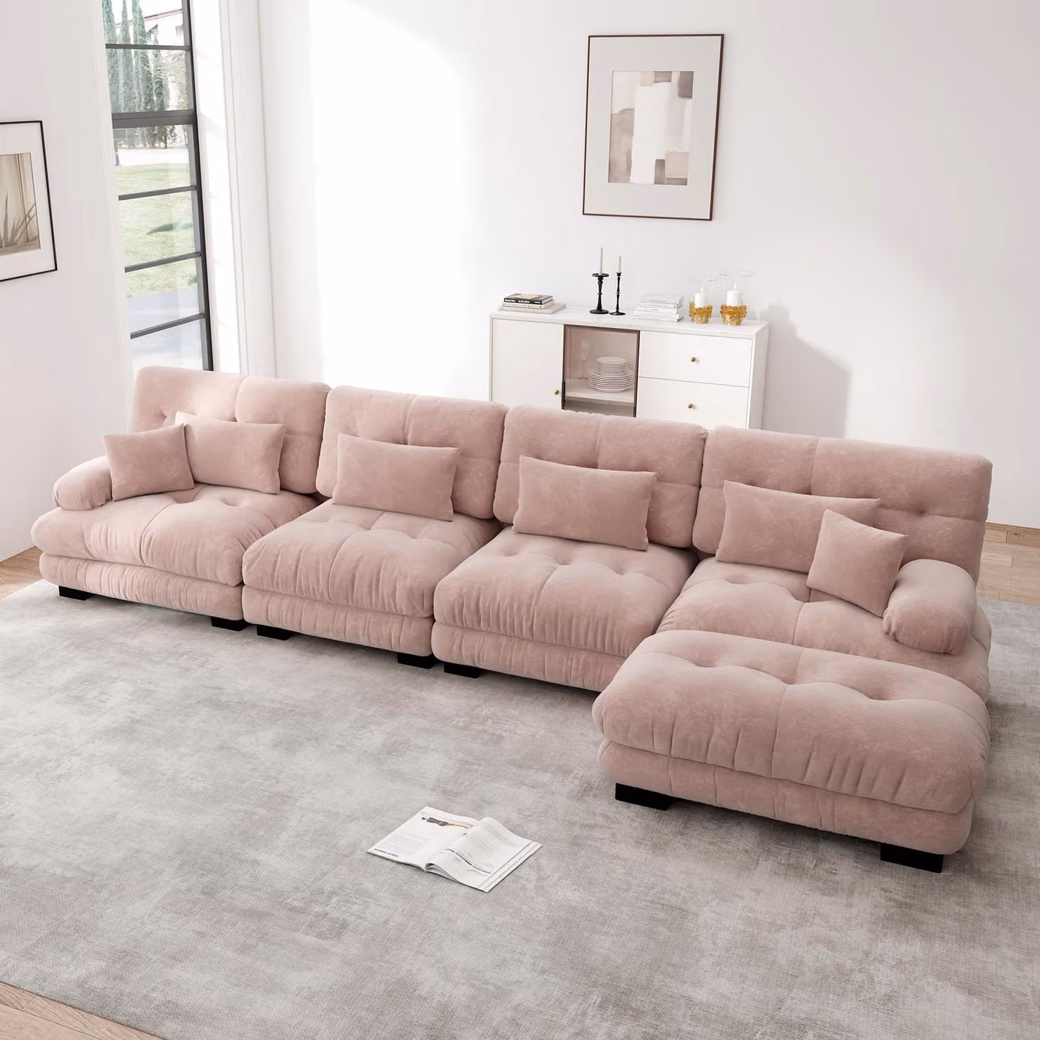 Divano angolare modulare a 4 posti, modello "Cloud", poggiapiedi mobile, combinazione personalizzabile, tessuto in chenille (rosa)