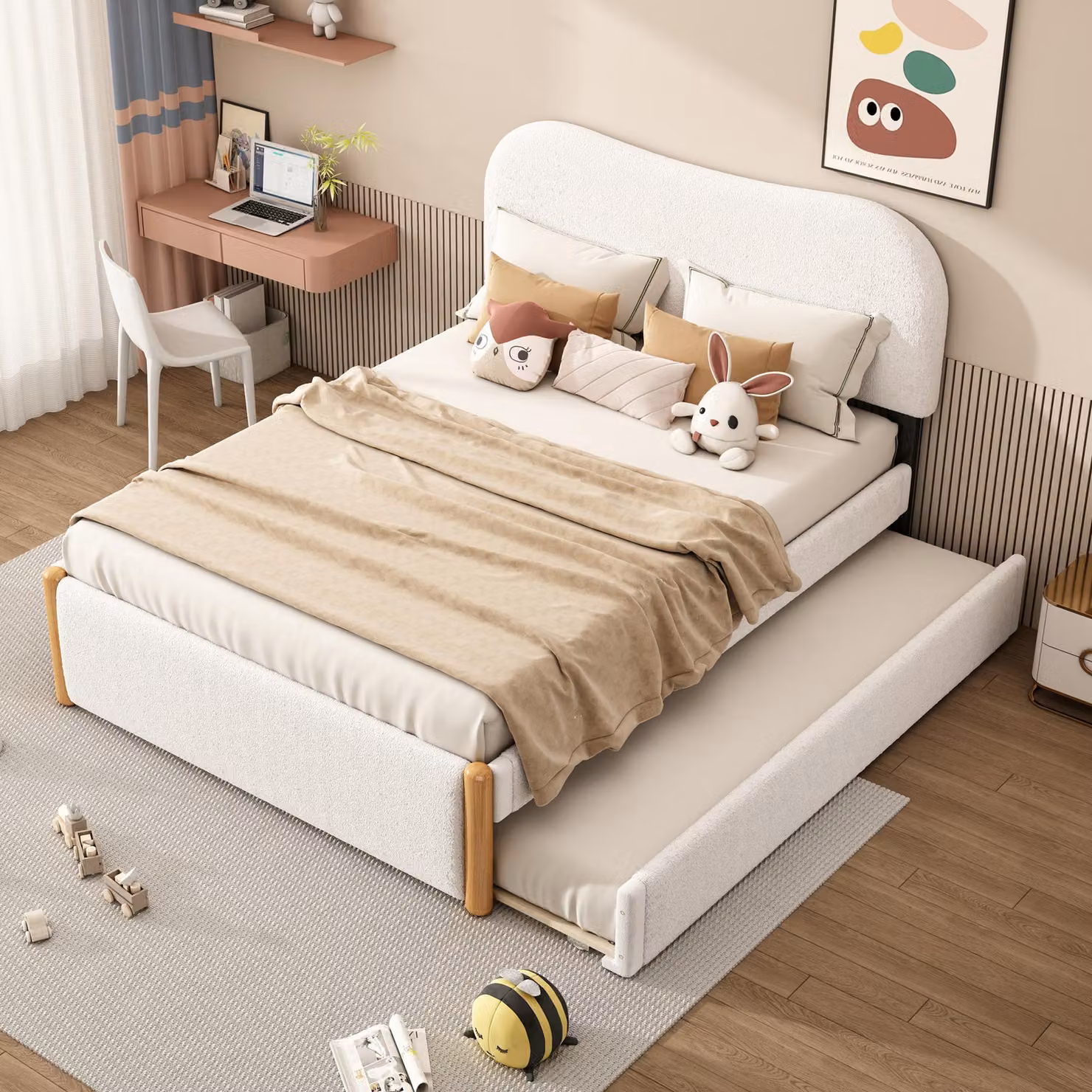 Letto imbottito 140x200 cm con letto a castello estraibile 91x191 cm, montabile a sinistra o a destra, rivestito in tessuto morbido e con struttura in MDF, dotato di testiera, colore bianco