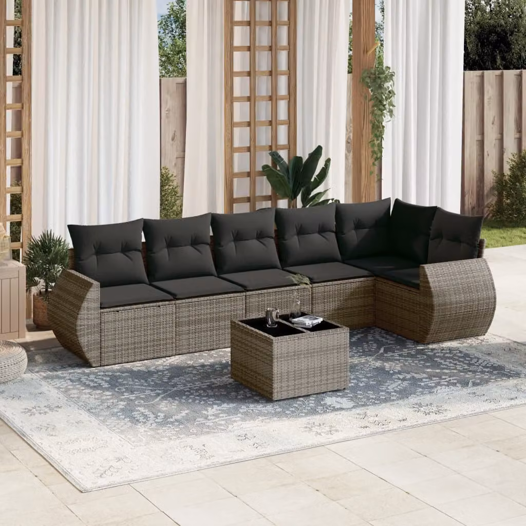 Set di divani da giardino vidaXL in polyrattan grigio con cuscini, tavolino e sedute a L per esterno – 1