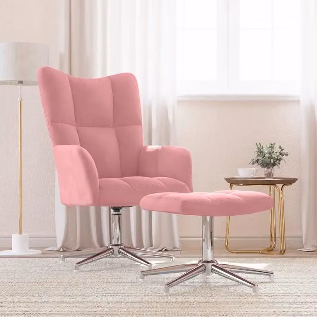 Poltrona Relax con Poggiapiedi vidaXL in Velluto Rosa con Struttura in Metallo e Sedia Girevole a 360 Gradi