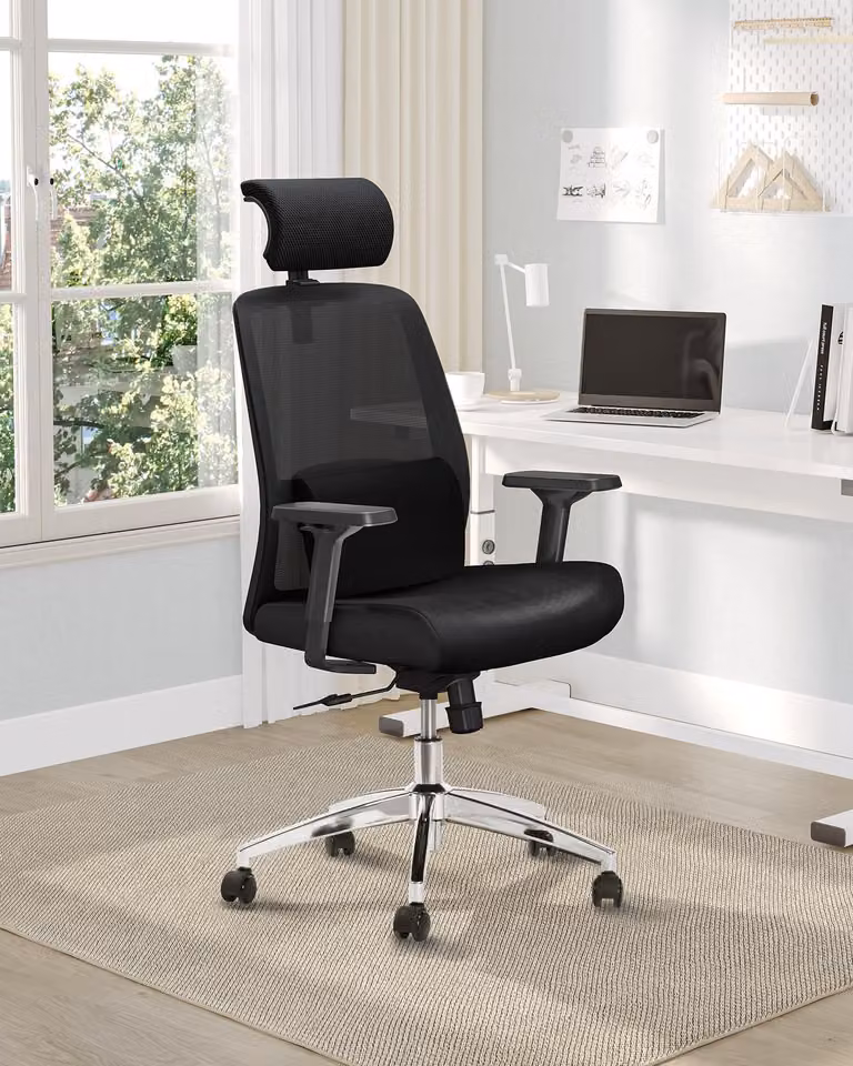 Sedia da ufficio ergonomica - Colore nero, struttura in mesh - Poggiatesta e supporto lombare regolabili