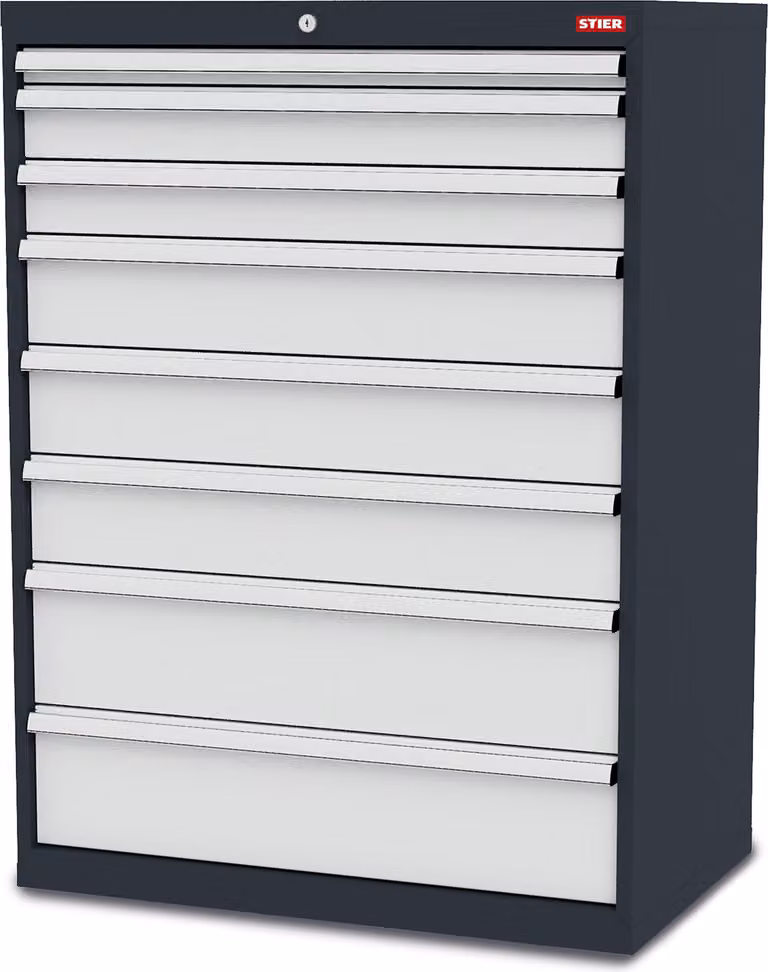 STIER Cassettiera con 8 cassetti, LxPxA 900x575x1220 mm, portata totale 1000 kg, altezza frontali da 50 a 200 mm
