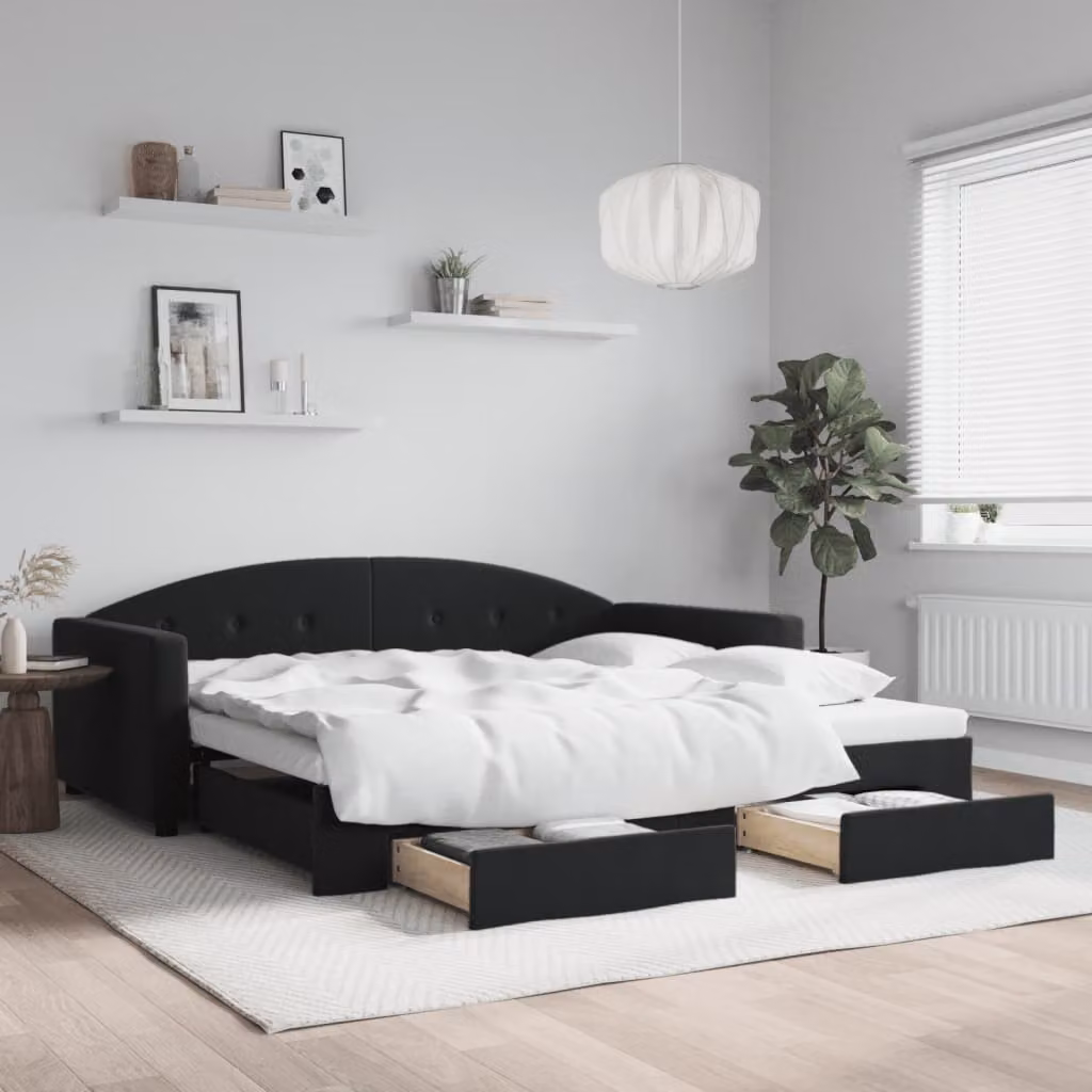 vidaXL Divano Letto Moderno in Velluto Nero con Cassetto Estraibile L/P/H: 222 x 100 x 75 cm