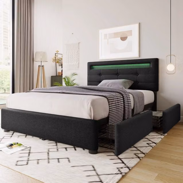 Letto singolo 90x200 cm in lino nero con LED e 2 cassetti, per camere piccole, con materasso –