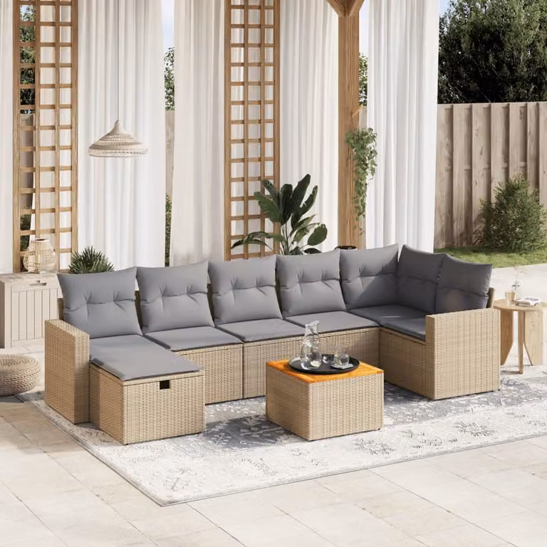 vidaXL Set Divano da Giardino 8 pz a L con Cuscini Beige e Grigio in Polyrattan e Acciaio