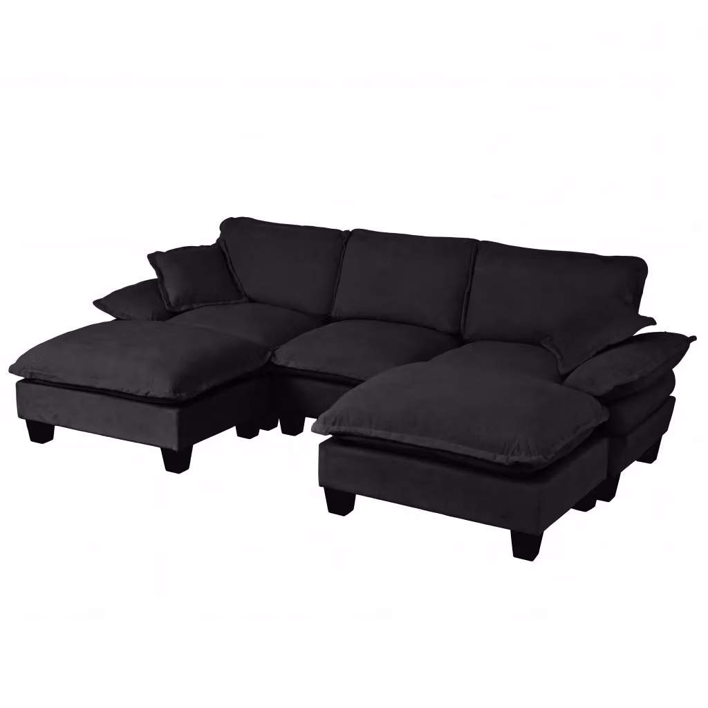 Divano panoramico a U moderno in tessuto nero con pouf coordinato e struttura in legno massello L: 263 cm, P: 151 cm, H: 90 cm – 2