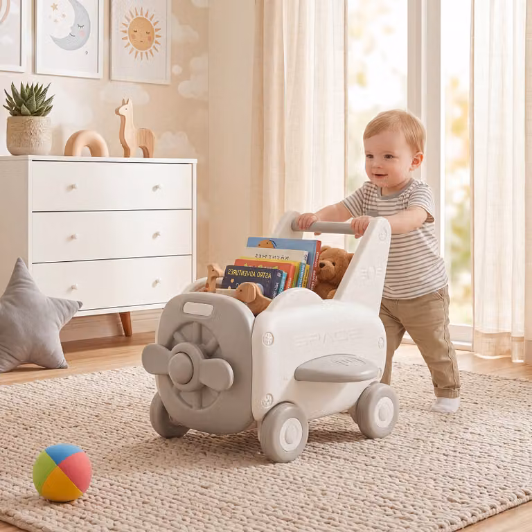 Girello primi passi Costway a forma di aereo con ruote e sedile ribaltabile per bambini, beige e bianco