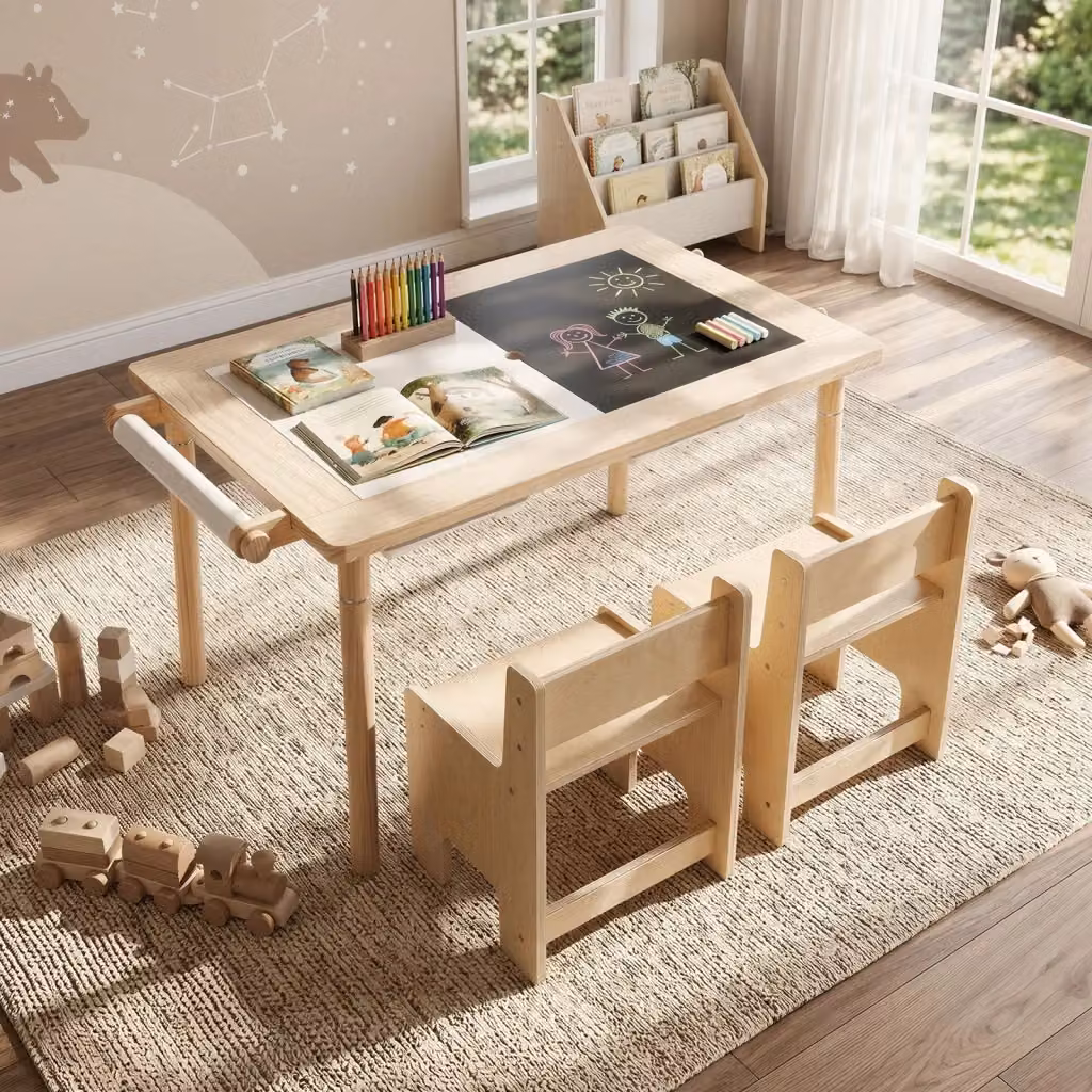 Tavolo attività sensoriale per bambini in legno di pino con cassetti pieghevoli per sabbia e rullo di carta, regolabile in altezza, beige e bianco – 2