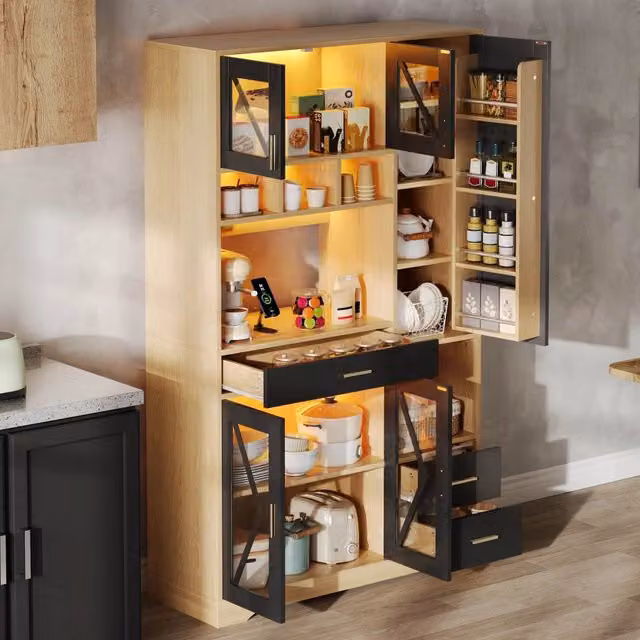 Credenza da cucina con vetrina LED; ripiani regolabili; cassetto e prese USB nero naturale 105 × 40 × 185 cm