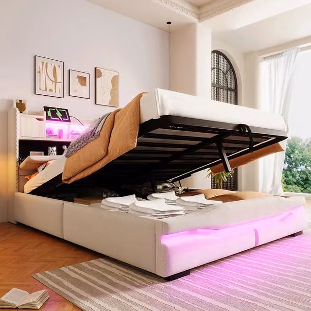 Letto matrimoniale-Xylo-140x200 cm-USB-C, LED RGB, idraulico, beige