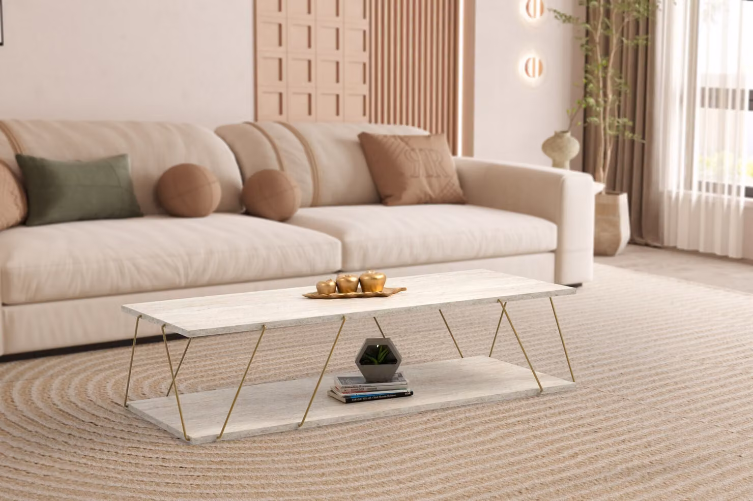 Skye Decor, Labranda - Oro, Marmo, Oro, Tavolino, 120 x 30 x 50 cm, 100 % PANNELLI RIVESTITI IN MELAMINO
