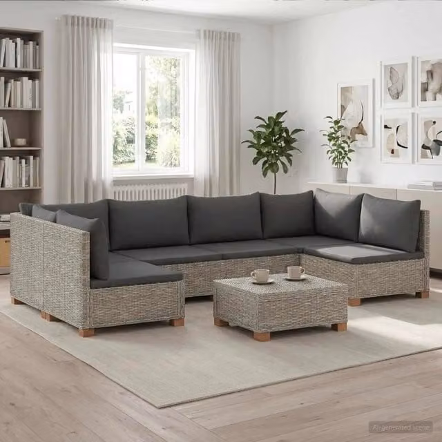 Set Lounge da Giardino vidaXL in Polyrattan con Cuscini Grigi e Tavolino, 7 Pezzi
