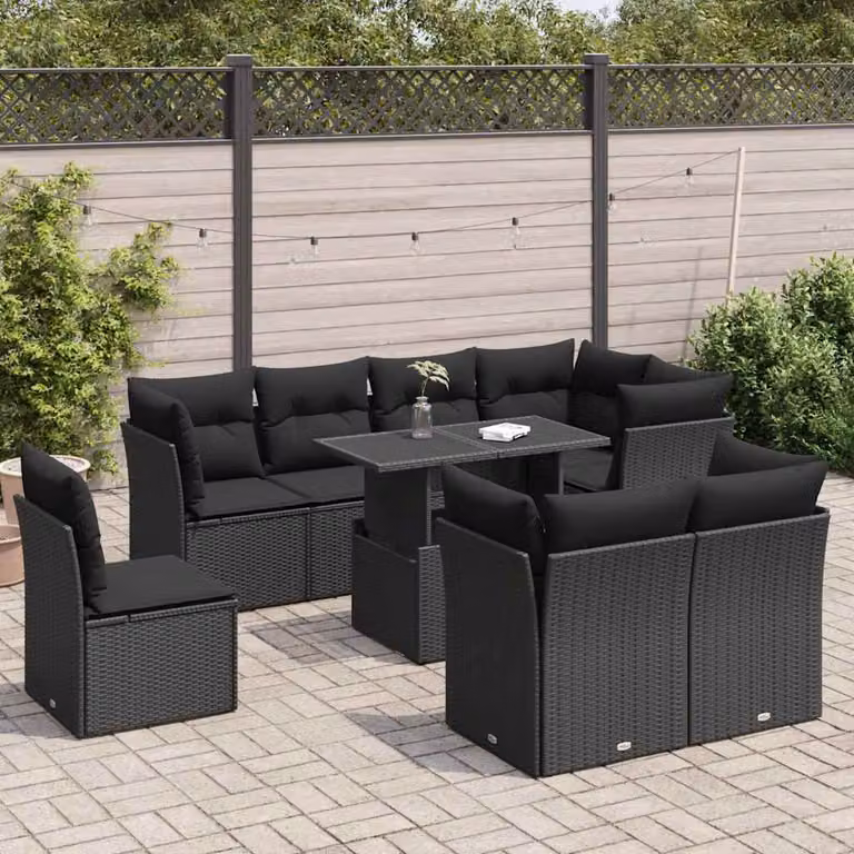 vidaXL Set Divani da Giardino 9 pz in Polyrattan Nero con Cuscini e Tavolino da Esterno a Forma di U