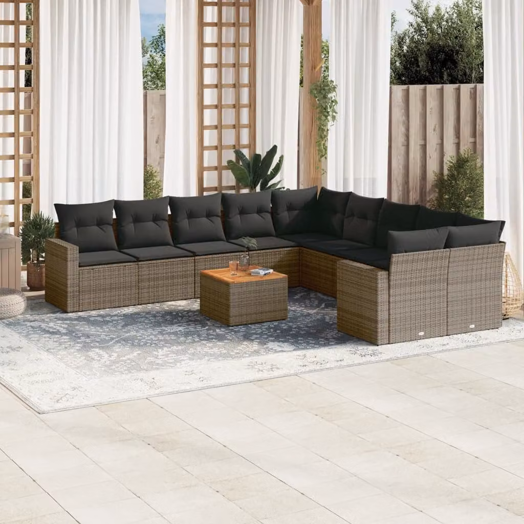 vidaXL Set Divani da Giardino 11 pz in Polyrattan Grigio con Cuscini e Tavolino da Esterno