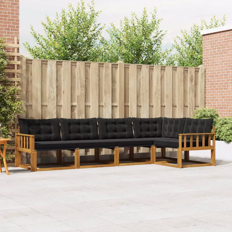 Set di divani da esterno vidaXL a forma di L composto da 5 pezzi in legno di acacia con cuscini in tessuto textilene, colore marrone e nero