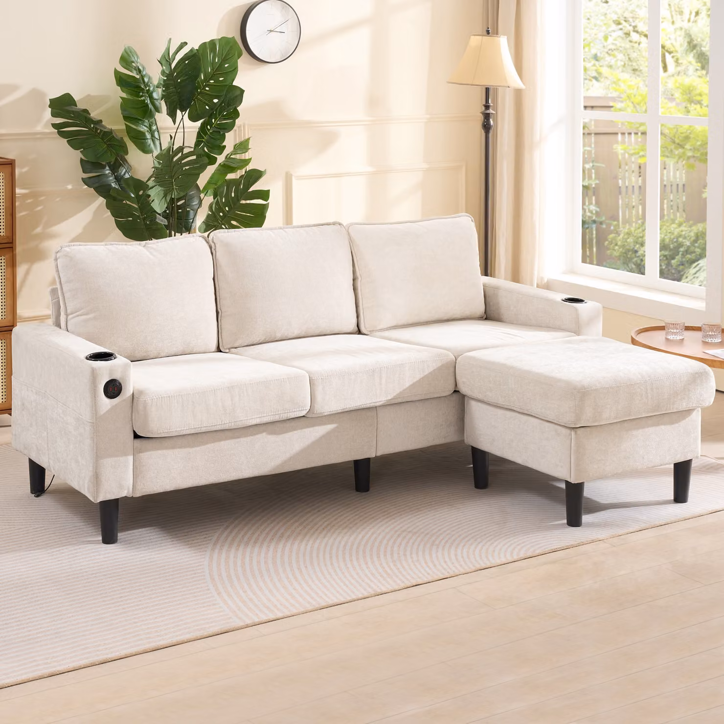 Okwish Divano letto, divano letto a L, divano imbottito con porte USB e Type-C, divano a 3 posti con portabicchieri per soggiorno, appartamento, Beige