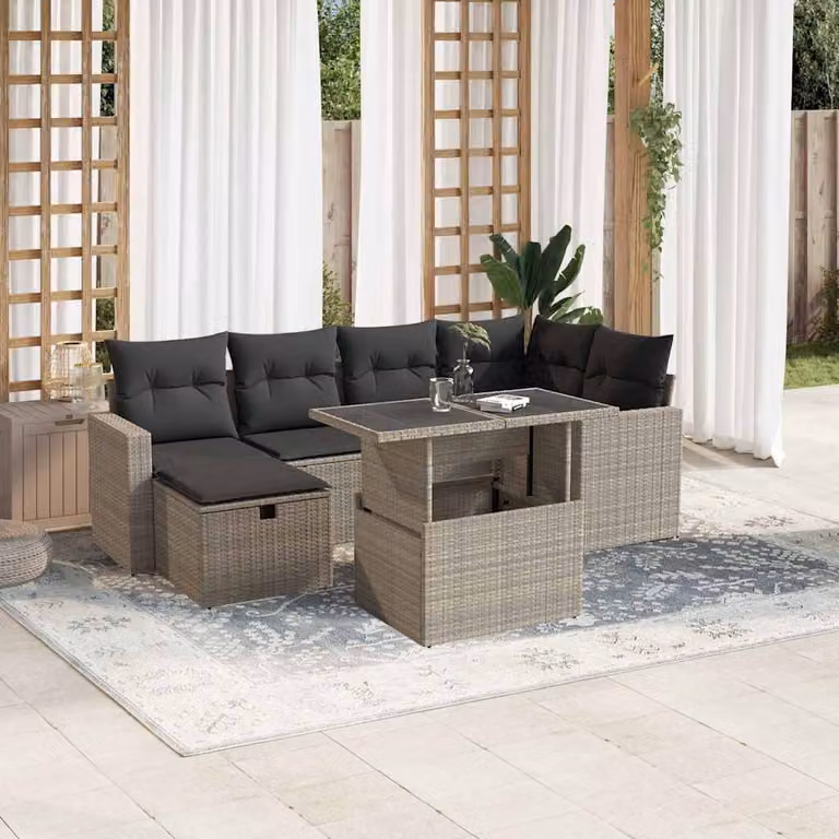 Set di divani da giardino vidaXL a forma di L composto da 7 pezzi con cuscini grigi in polyrattan e struttura in metallo