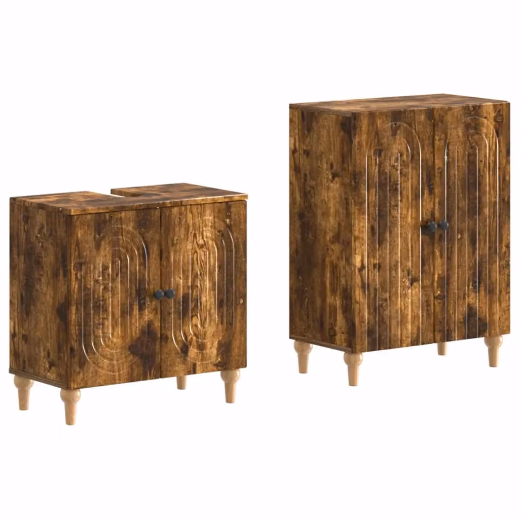 Set di mobili da bagno moderno vidaXL composto da mobile lavabo e mobile contenitore in legno color rovere fumo, L/P/H: 59,5 x 29,44 x 80,0 cm e 31,5 x 29,44 x 59,5 cm – 2