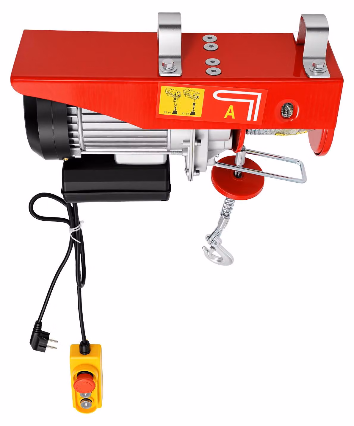 Verricello elettrico, capacità di sollevamento 400 kg, portata con doppia fune 800 kg, potenza 1350-1450W, velocità di sollevamento 10 m/min, altezza di sollevamento 10 m
