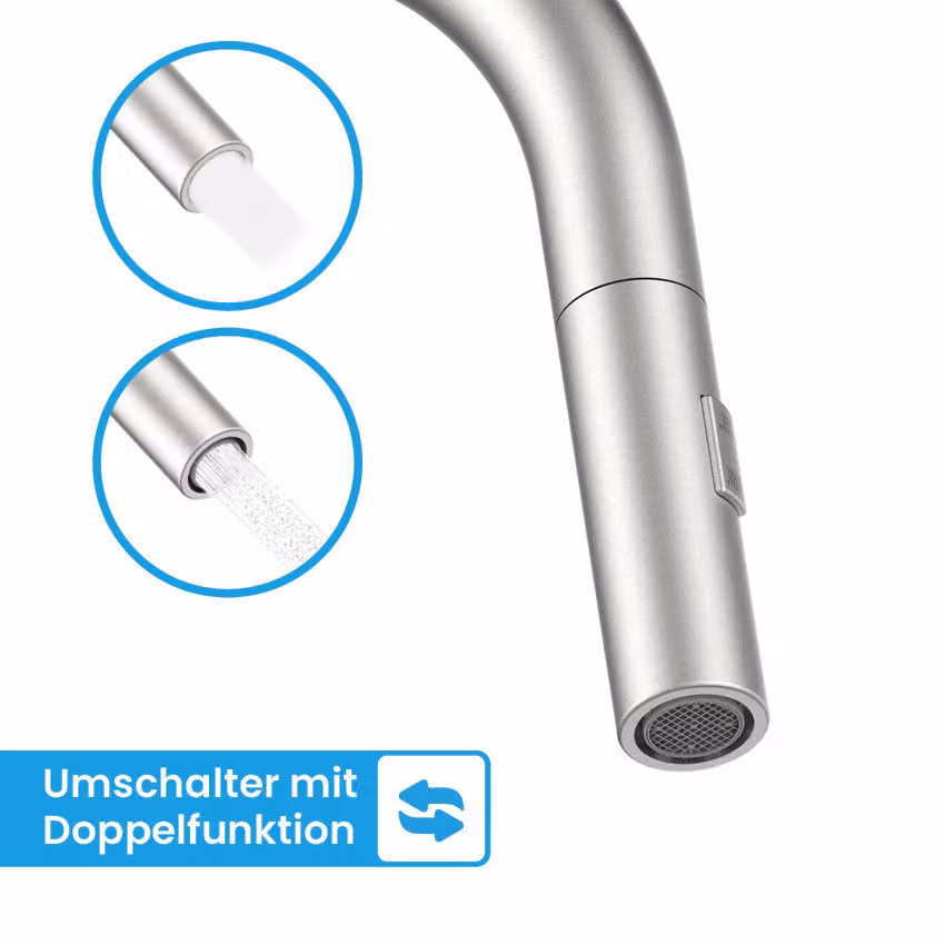 Rubinetto da cucina Bächlein orientabile a 360 gradi - Acciaio inox spazzolato - Miscelatore monocomando per lavello con tubo estraibile e getto con pulsante deviatore
