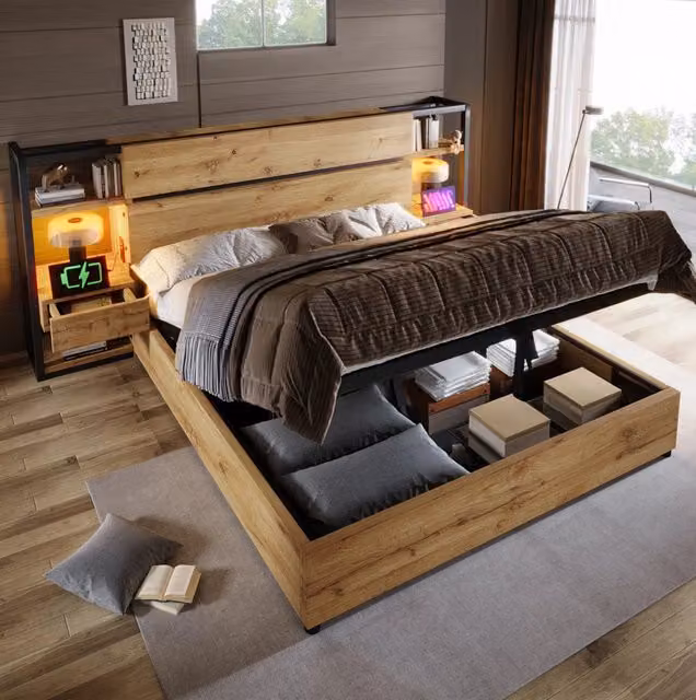 Letto matrimoniale 160x200 cm con testiera contenitore; prese USB e Type-C; e struttura in MDF e metallo colore quercia