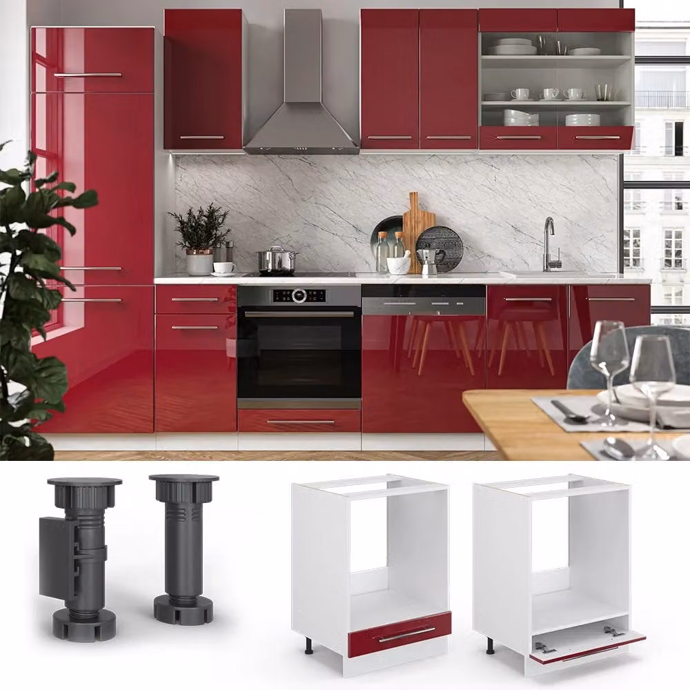 Mobile per forno da incasso Vicco Fame-Line Bordeaux lucido e Bianco con base Antracite, L: 60 cm, P: 60 cm, H: 82 cm – 2