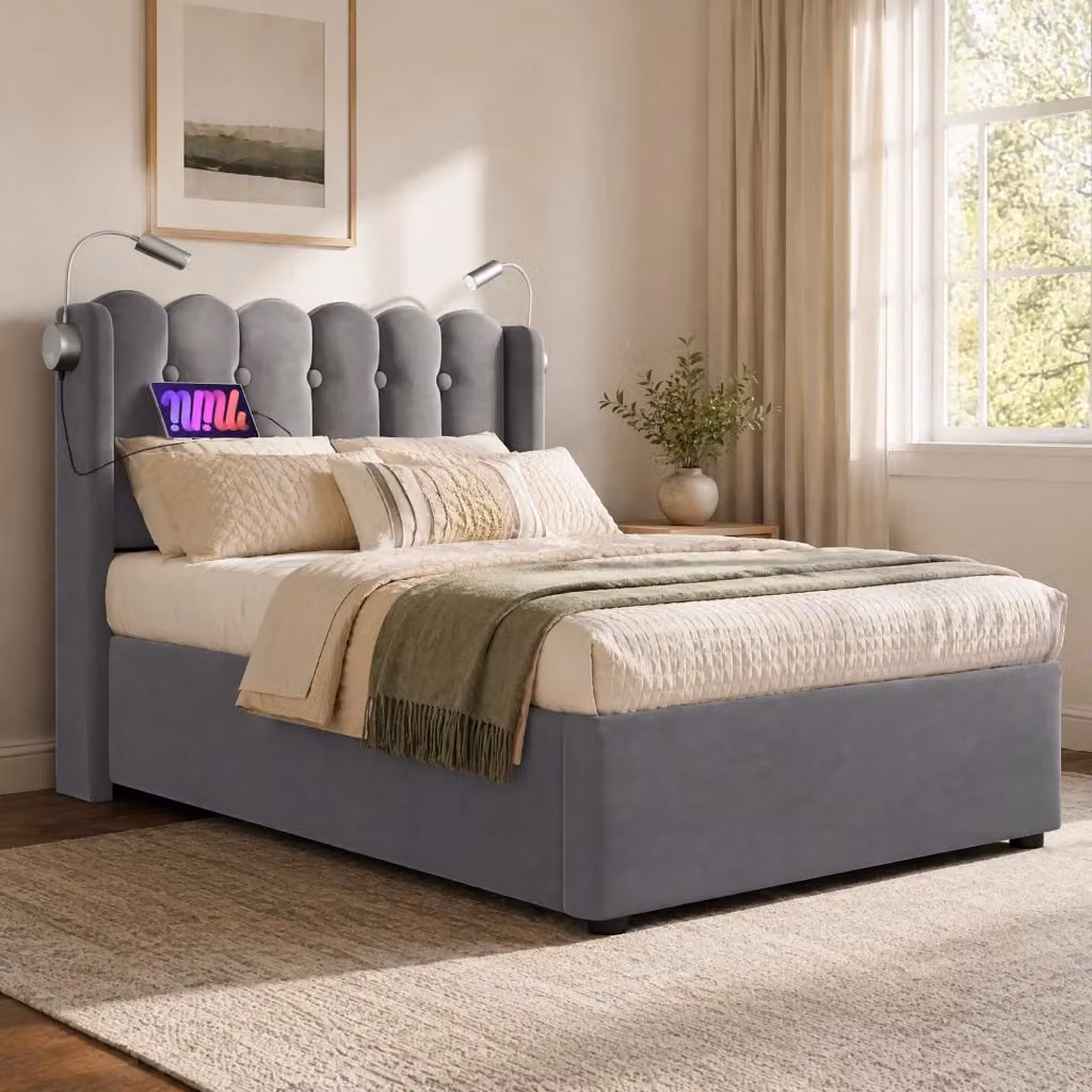 Letto singolo MODFU in velluto grigio con contenitore a sollevamento, luce da lettura integrata e porta USB, L/P/H: 90 x 200 cm – 2