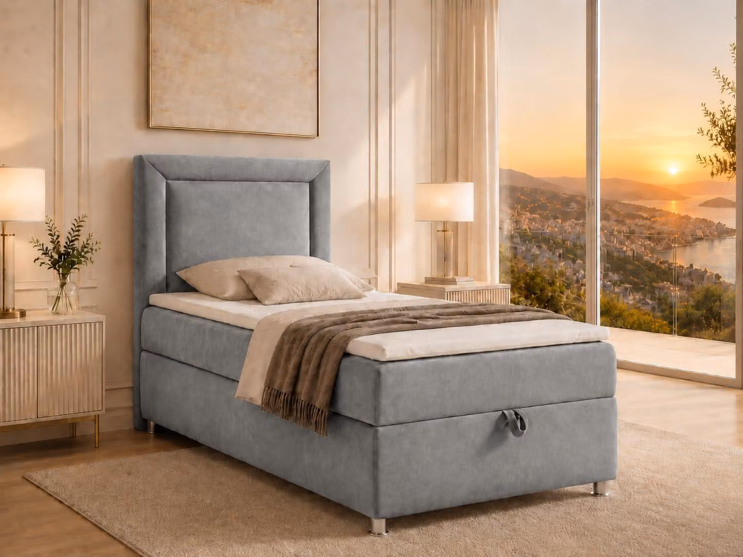 Best for Home Letto boxspring con contenitore Trinity K3-SINGLE 100x200 Materasso a molle Bonell incl. topper - Grigio