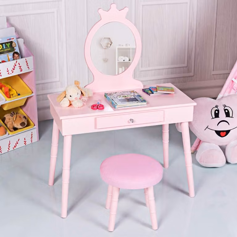 COSTWAY Comodino per bambini con sgabello, cassetto e specchio estraibile in legno 70x34x100cm Rosa