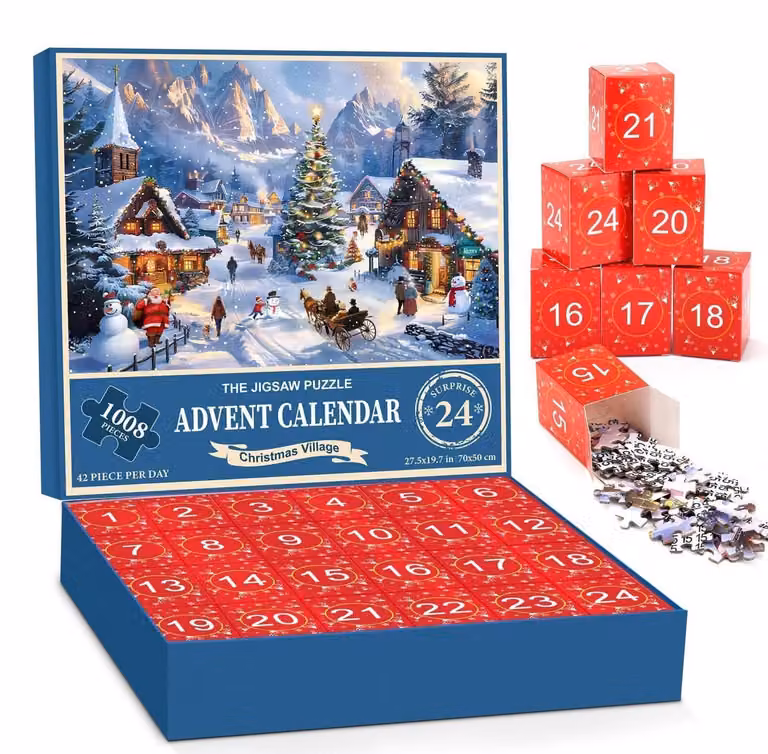 Calendario dell'Avvento a puzzle per adulti, 2026, 24 giorni, 1008 pezzi, 70x50 cm, realizzato in cartone riciclato, con motivo di villaggio natalizio, formato poster
