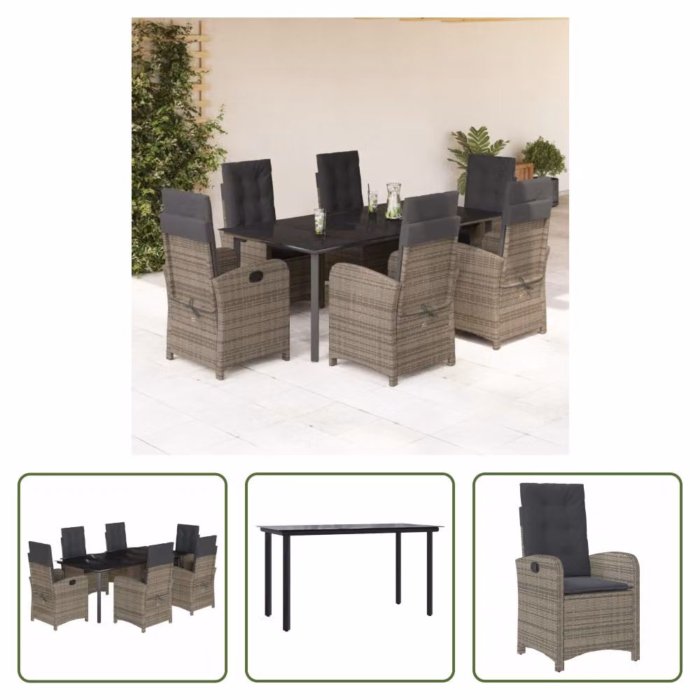 The Living Store Set da pranzo da giardino 7 pezzi con cuscini in poly rattan grigio