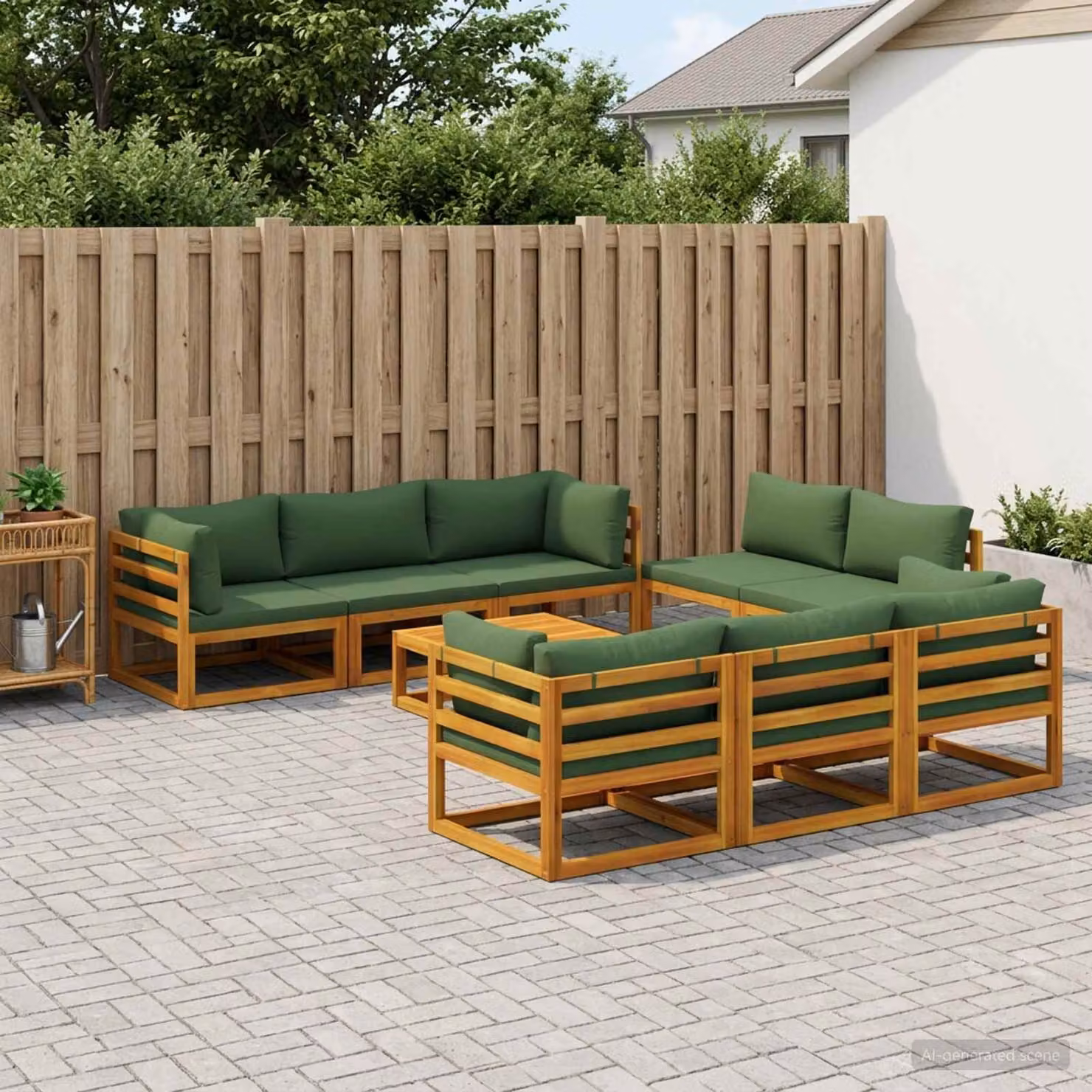 Set Salotto da Giardino Componibile vidaXL in Legno di Acacia Naturale con Cuscini Verdi e Tavolino da Esterno