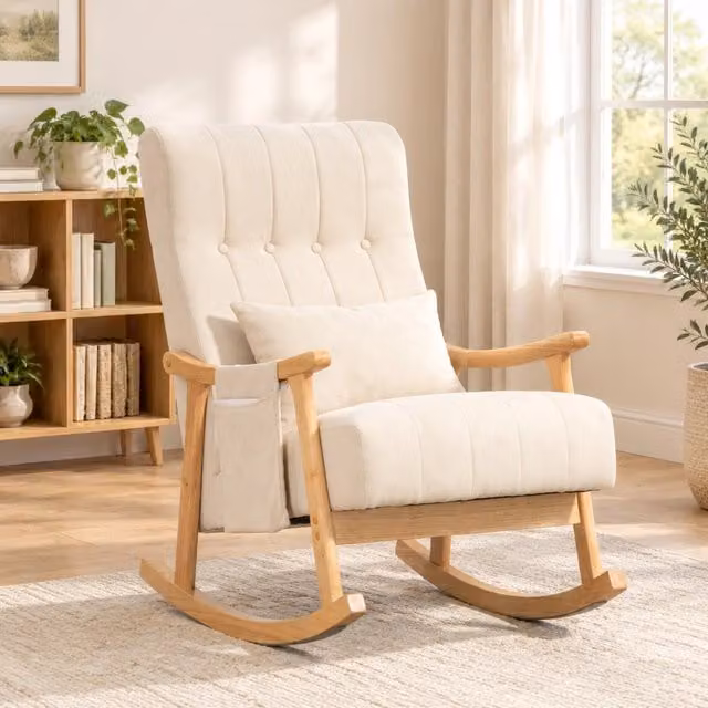 Poltrona a dondolo ULEVR beige 65x90x98 cm con cuscino lombare, tasche laterali e telaio in legno di faggio