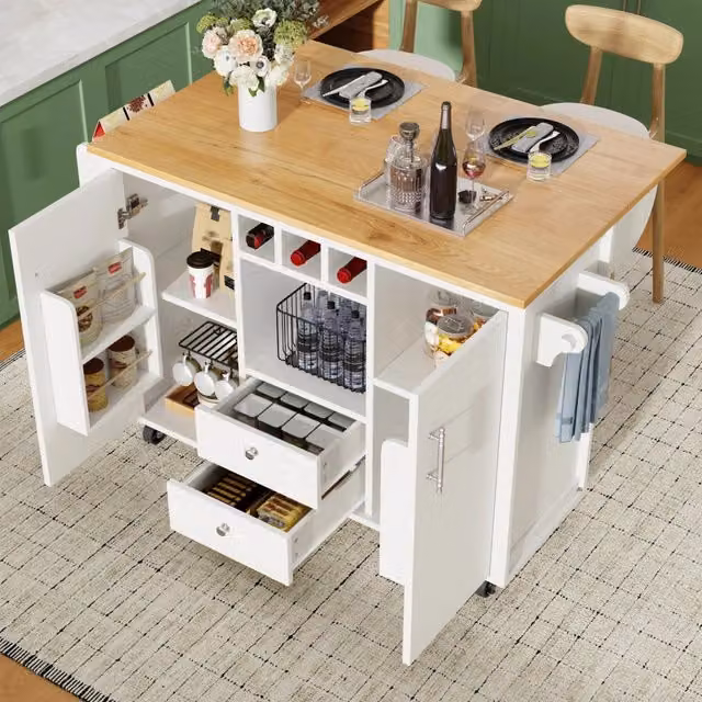 Isola da cucina ULEVR 137,9x73x92 cm con piano ribaltabile, 2 cassetti, ruote girevoli e portabottiglie, bianca