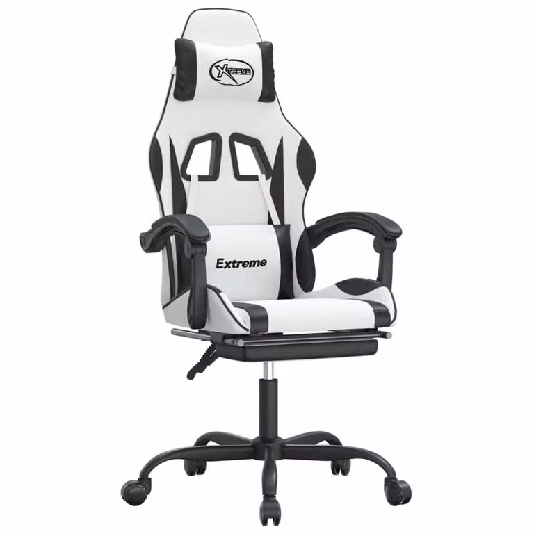 Sedia da Gaming con Poggiapiedi Bianco e Nero in Pelle finta