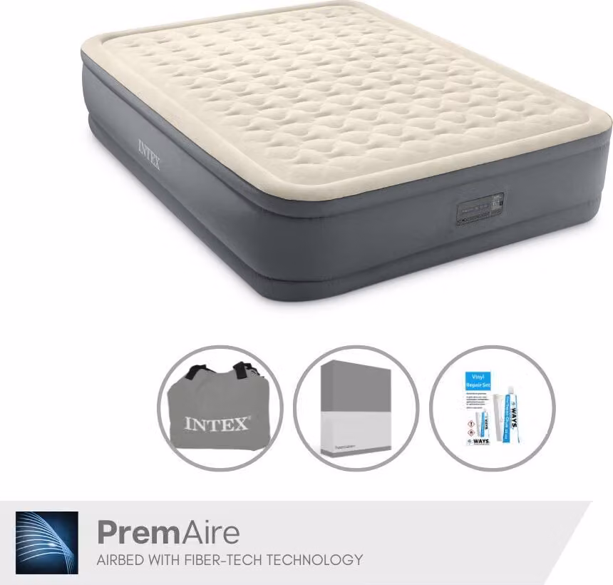 Intex Airbed - 2 persone - 152 x 203 x 46 cm - Grigio - Con pompa elettrica, lenzuola antracite e set di riparazione