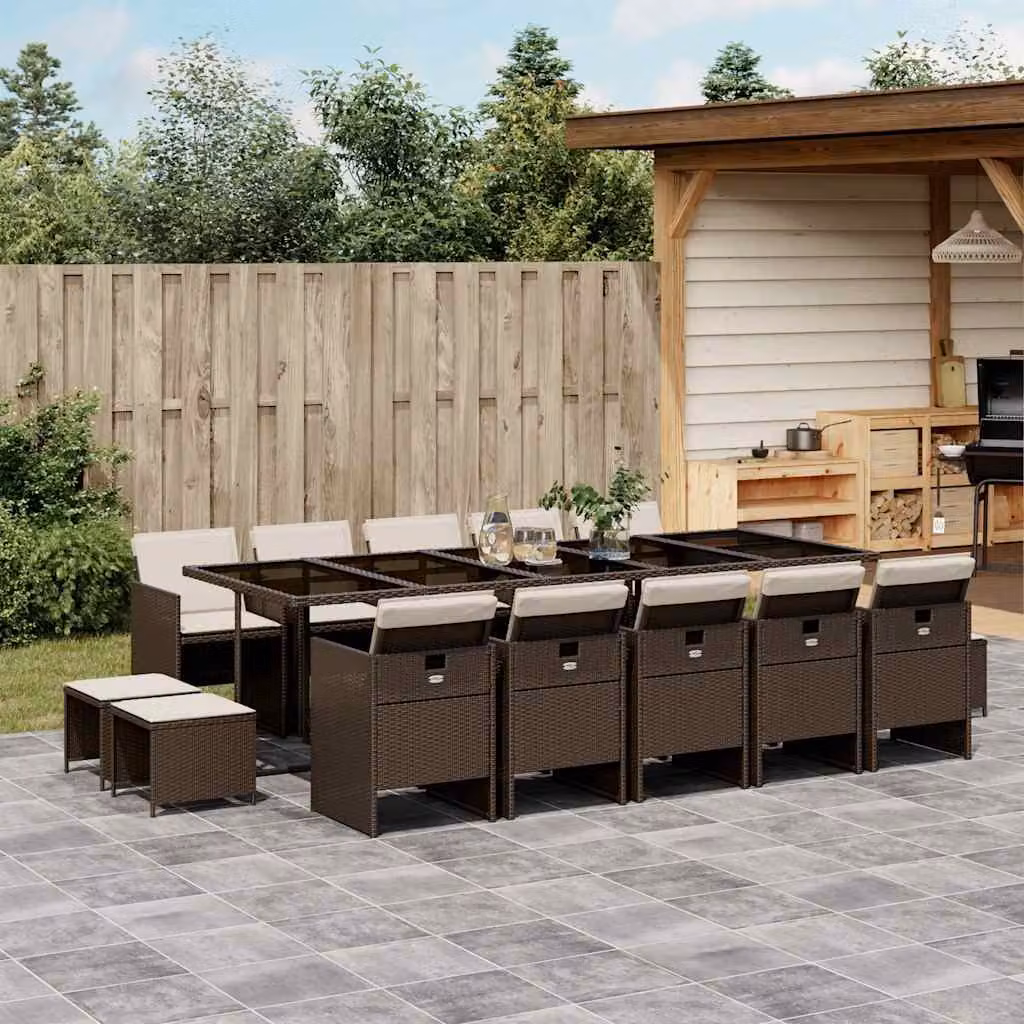 vidaXL Set da Pranzo da Giardino 15 pz in Polyrattan Marrone con Piano in Vetro e Cuscini – 1