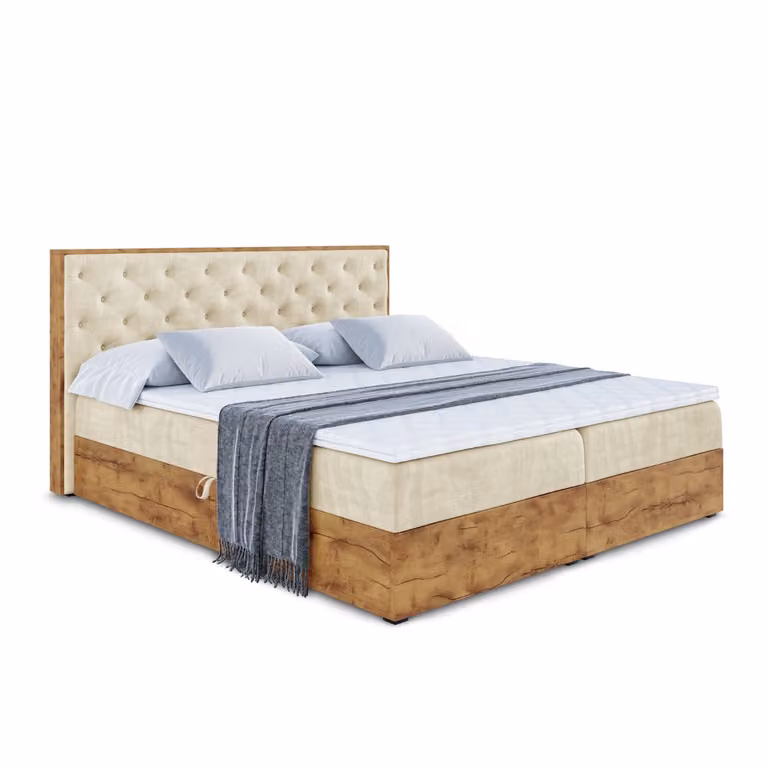 Letto boxspring ALTDECOR in rovere LOLLI3 con materasso H4, testiera e contenitore - 160x200 - Velluto beige