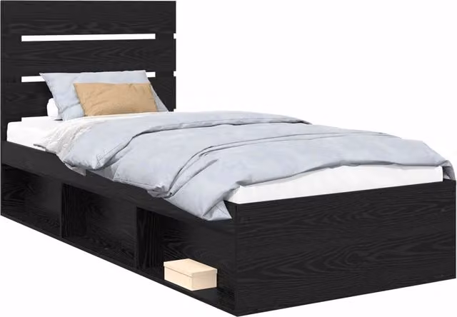 Letto singolo | Letto per adulti | Struttura del letto con testiera Nero 90 x 190 cm Pino massello