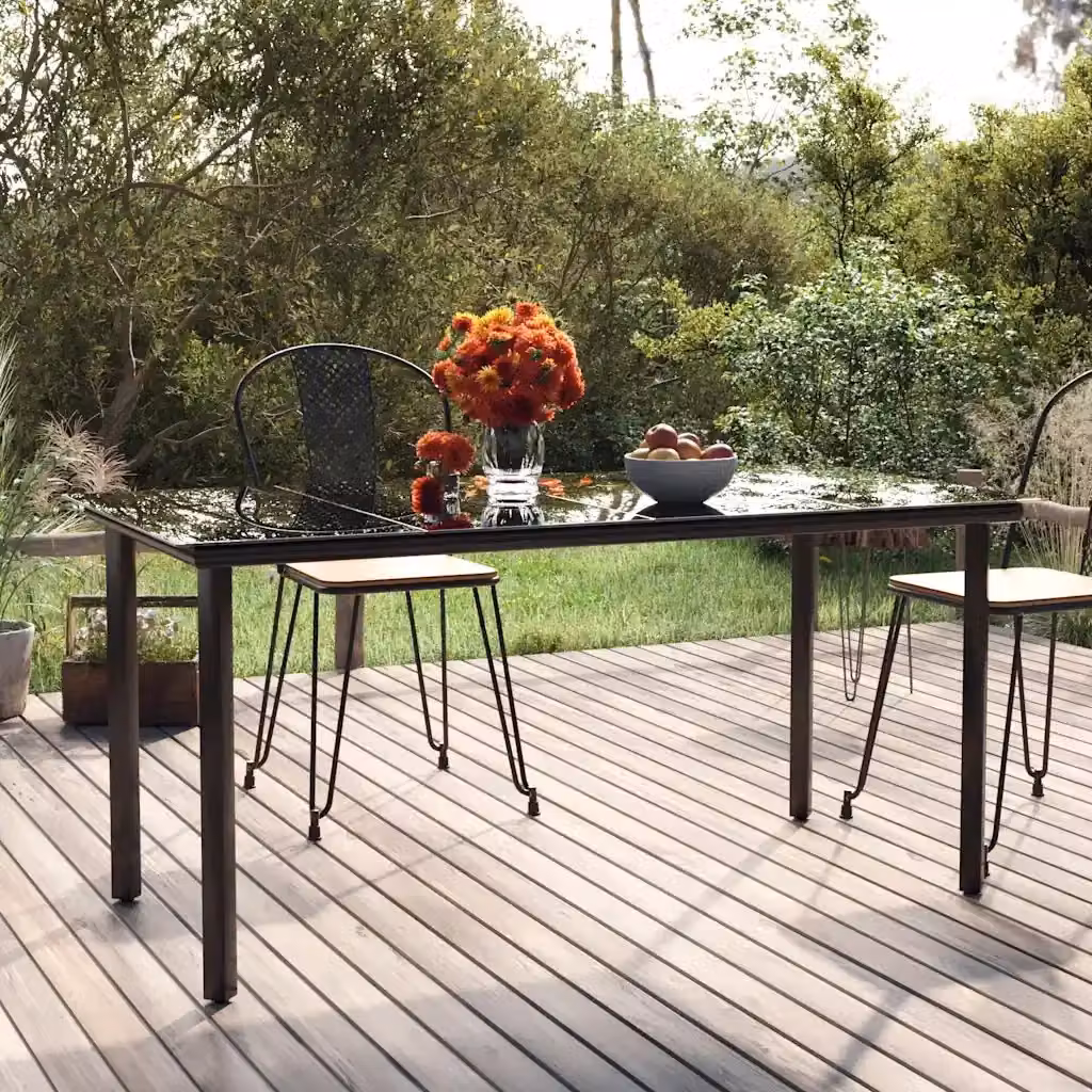 Tavolo da pranzo da giardino rettangolare in acciaio verniciato nero e vetro temperato L: 160 cm, P: 80 cm, H: 74 cm – 2
