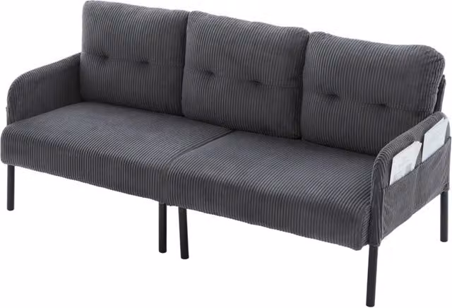 Divano 3 posti 171x72x80 cm in velluto a coste con tasca laterale; grigio