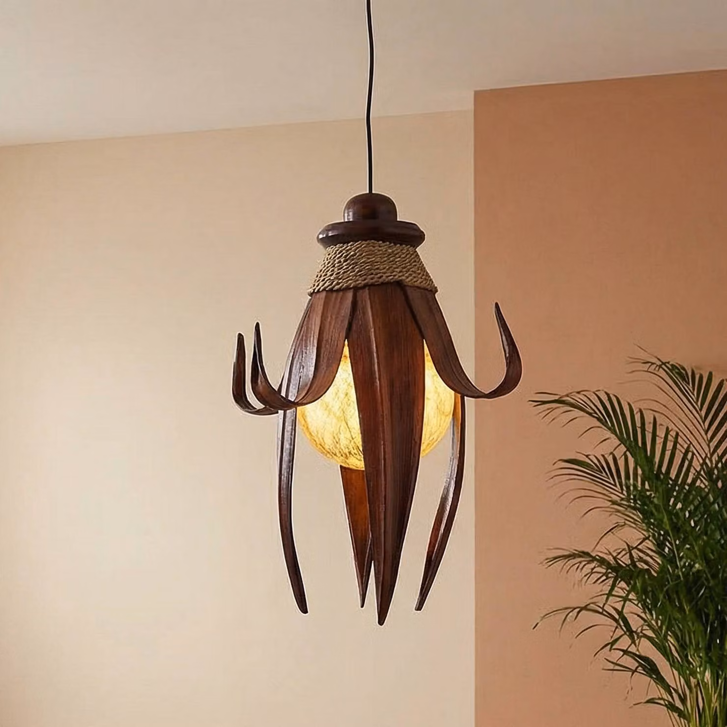Woru Lampada a sospensione KARIMA, dimmerabile, Legno scuro, Soggiorno / Sala da pranzo, Legno, Design, Lampada a sospensione