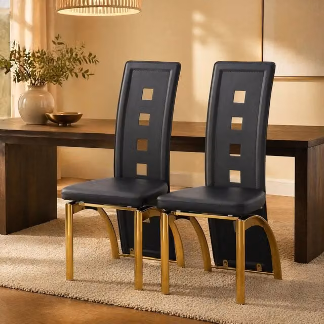 Set di 2 sedie da pranzo moderne MODFU con schienale traforato in ecopelle nera e metallo oro, Altezza: 102,5 cm – 1