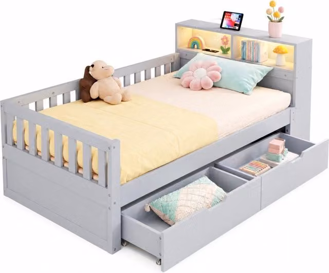 Letto singolo moderno in legno grigio con cassetti, ripiani, illuminazione LED e porte USB e Type-C, L/P: 90 x 200 cm