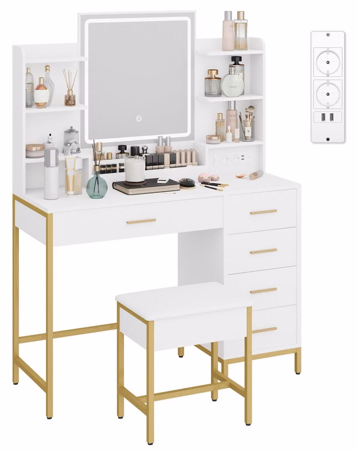 Comò da trucco con sgabello, specchio HD, illuminazione a LED, presa di corrente, porta USB, 5 cassetti, bianco/oro
