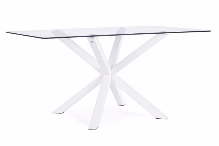 Tavolo rettangolare MAY in vetro, gamba incrociata acciaio bianco 160×90 cm